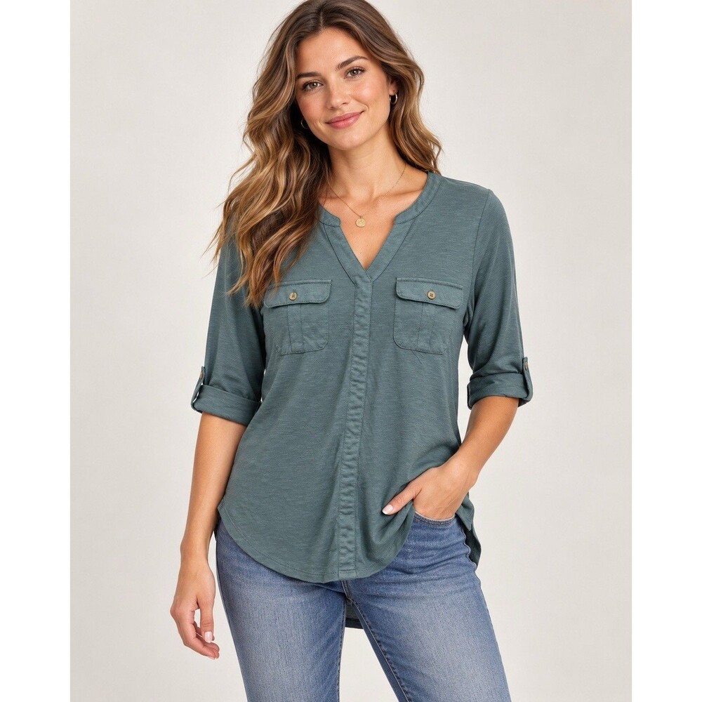 Sonoma Henley V Neck Roll Tab Sleeve Green Top Women’s Size M